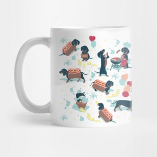 Hot dogs and lemonade // aqua green background navy and brown dachshunds Mug